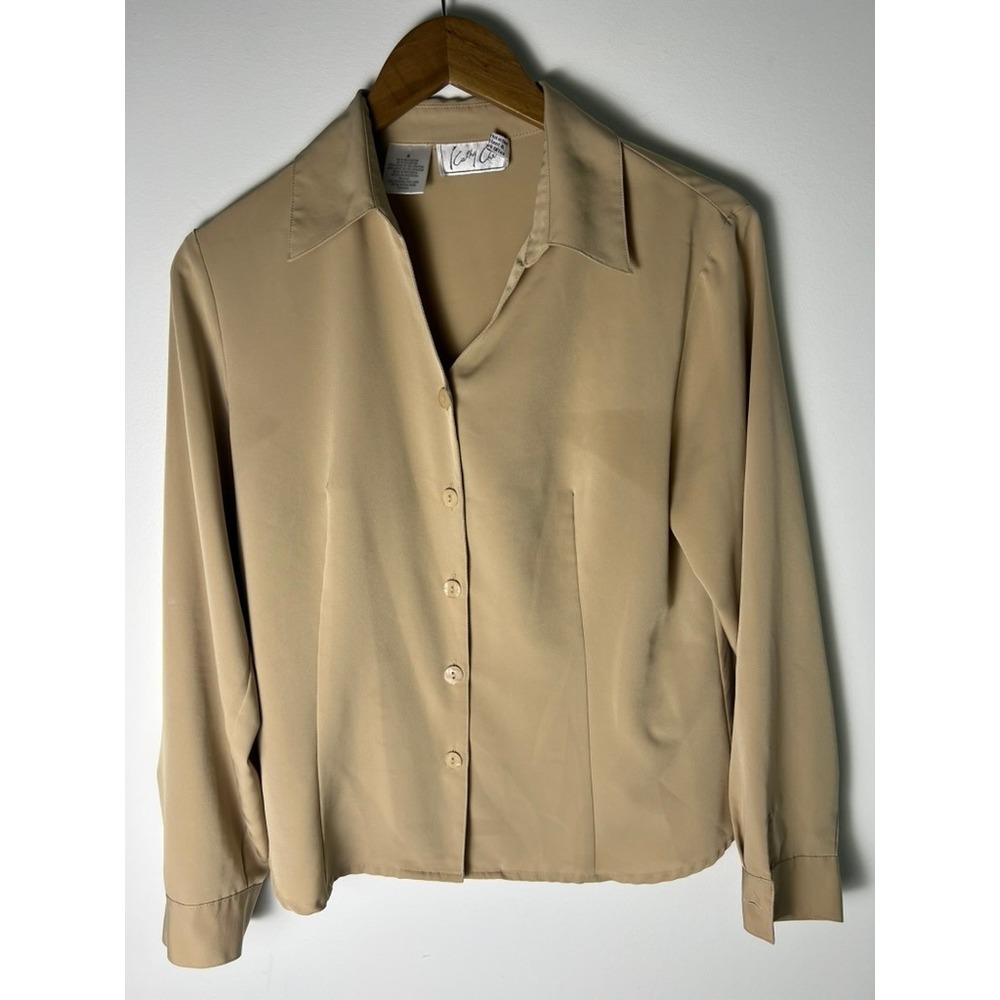 VTG Cathy Che Button Down Blouse Wm 8 Tan Beige Collar Old Money Office 90s‎ Top